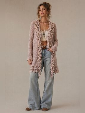 Vintage Y2K Sioni Ruffle Cardigan Size L Pink Penny Lane Boho Sweater EUC